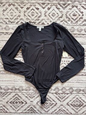 Black Long-Sleeve Square-Neck Button-Front Bodysuit